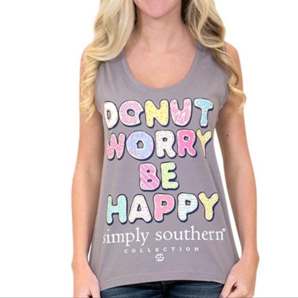 Simply Southern Tank Top “Donut Worry Be Happy” Tee Grey Small